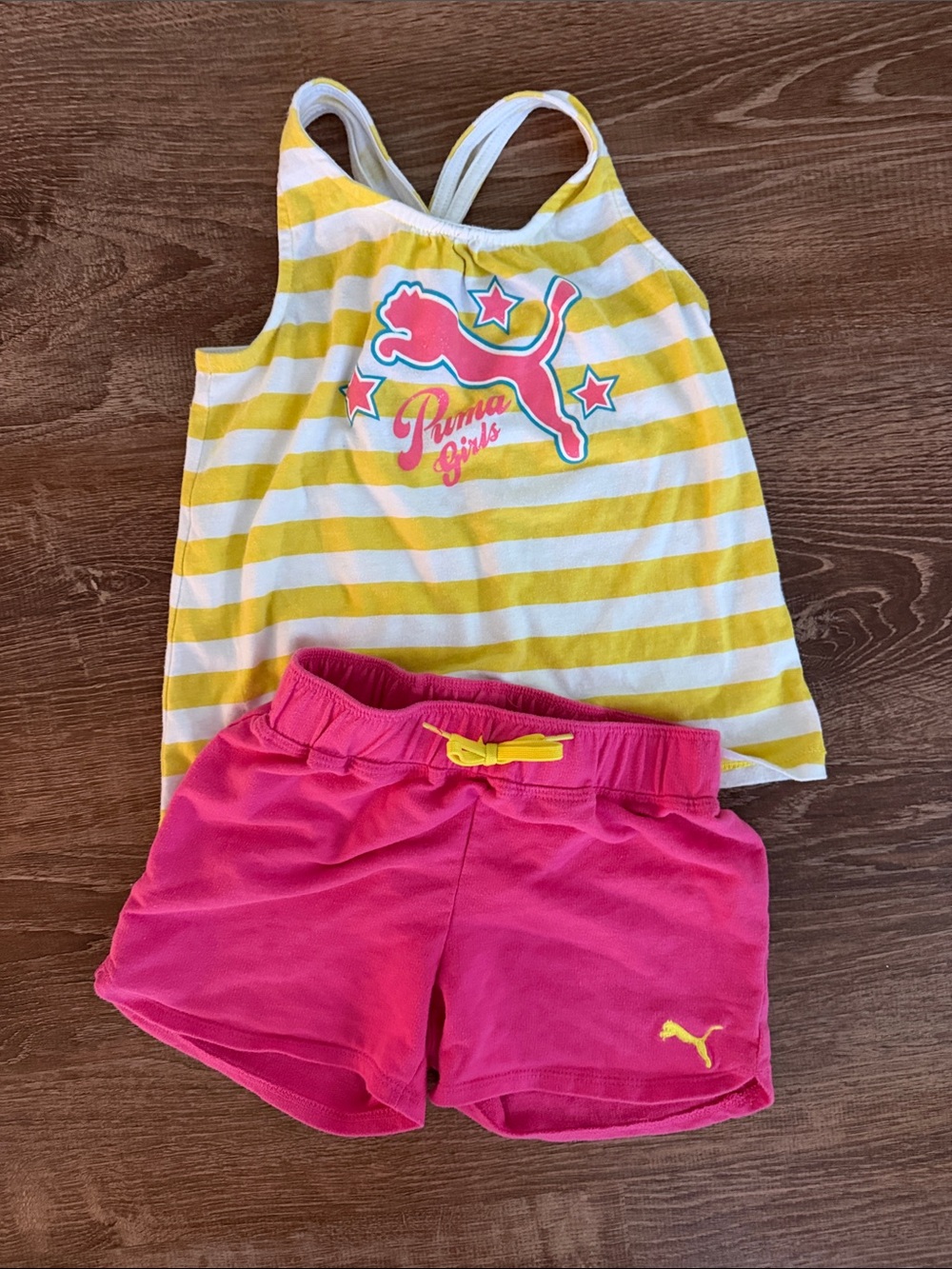 Puma Girls Yellow & Pink Striped Tank Top with Pink Shorts  Set